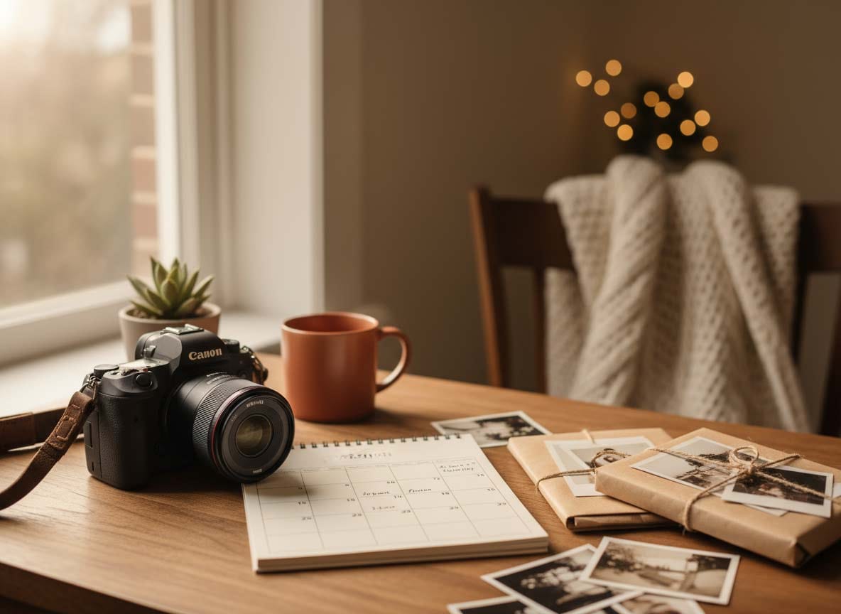 Fotoaparát, stolní kalendář, hrnek a vytištěné fotografie na dřevěném stole u okna