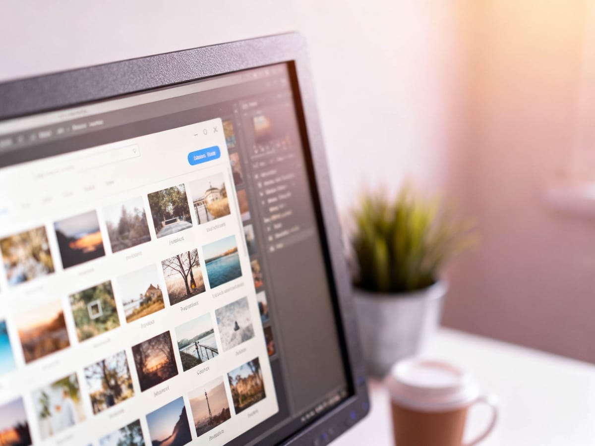 Monitor s náhledy fotografií v programu pro úpravu fotek, vedle květina a kelímek kávy