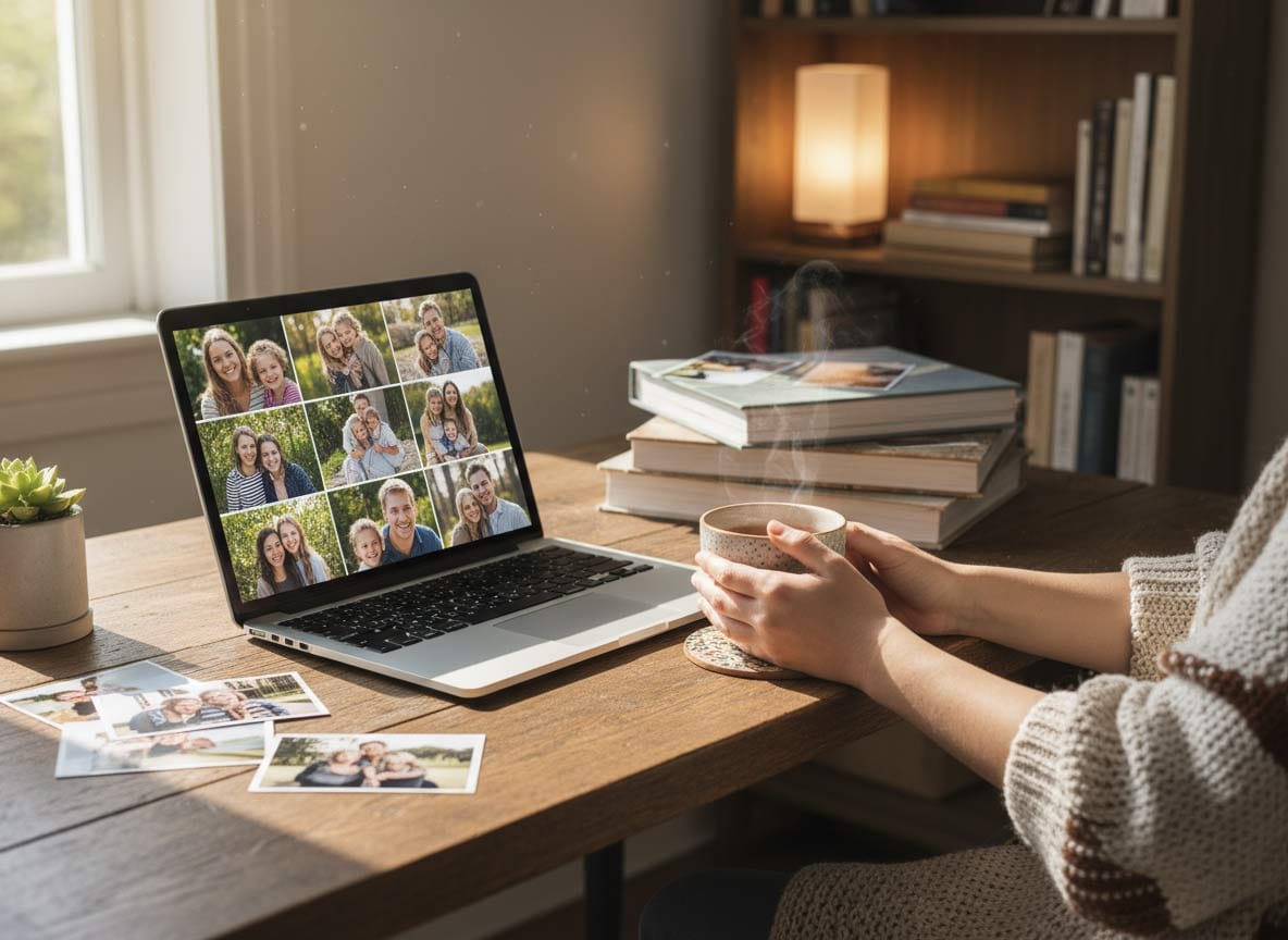 Notebook s galerií rodinných fotografií, vytištěné fotky a hrnek v dlaních na dřevěném stole