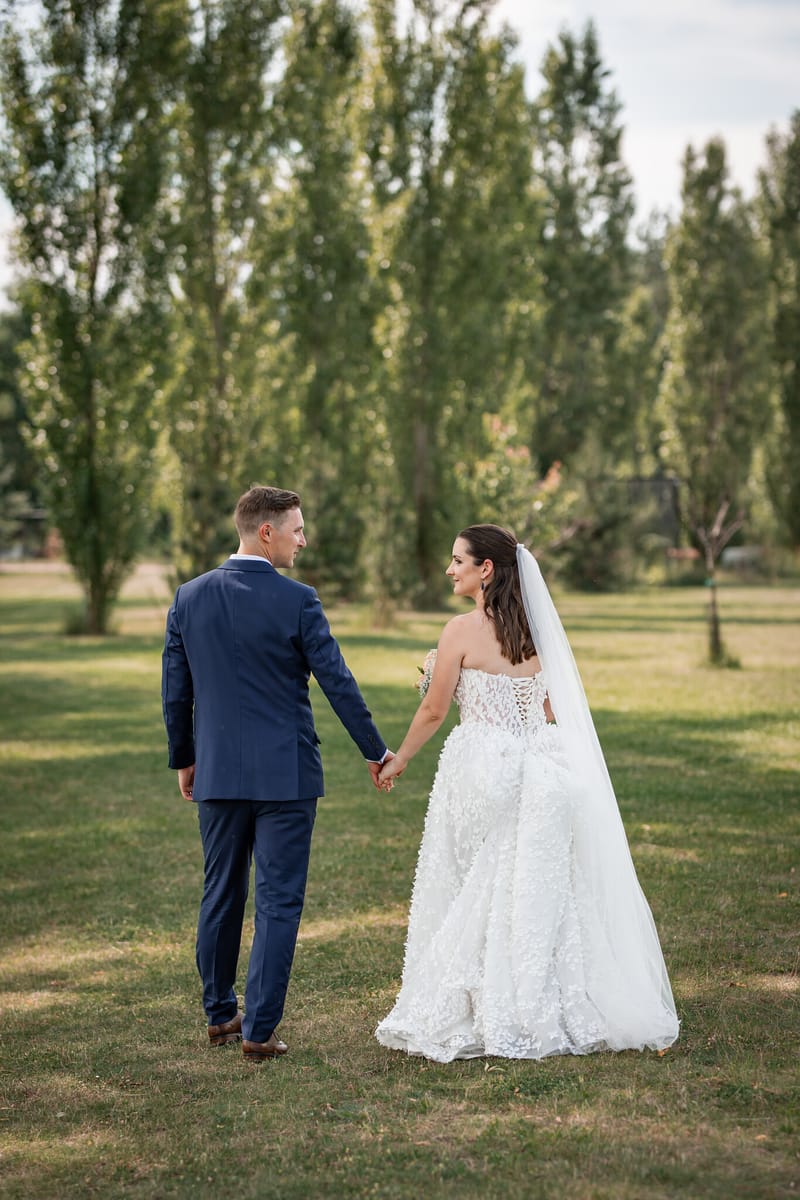 Novomanželé jdou zády k objektivu ruku v ruce po trávníku mezi topoly
